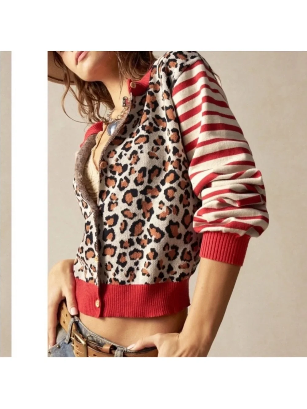 Leopard Print Button Down Striped Loose Fit Cardigan S M L new